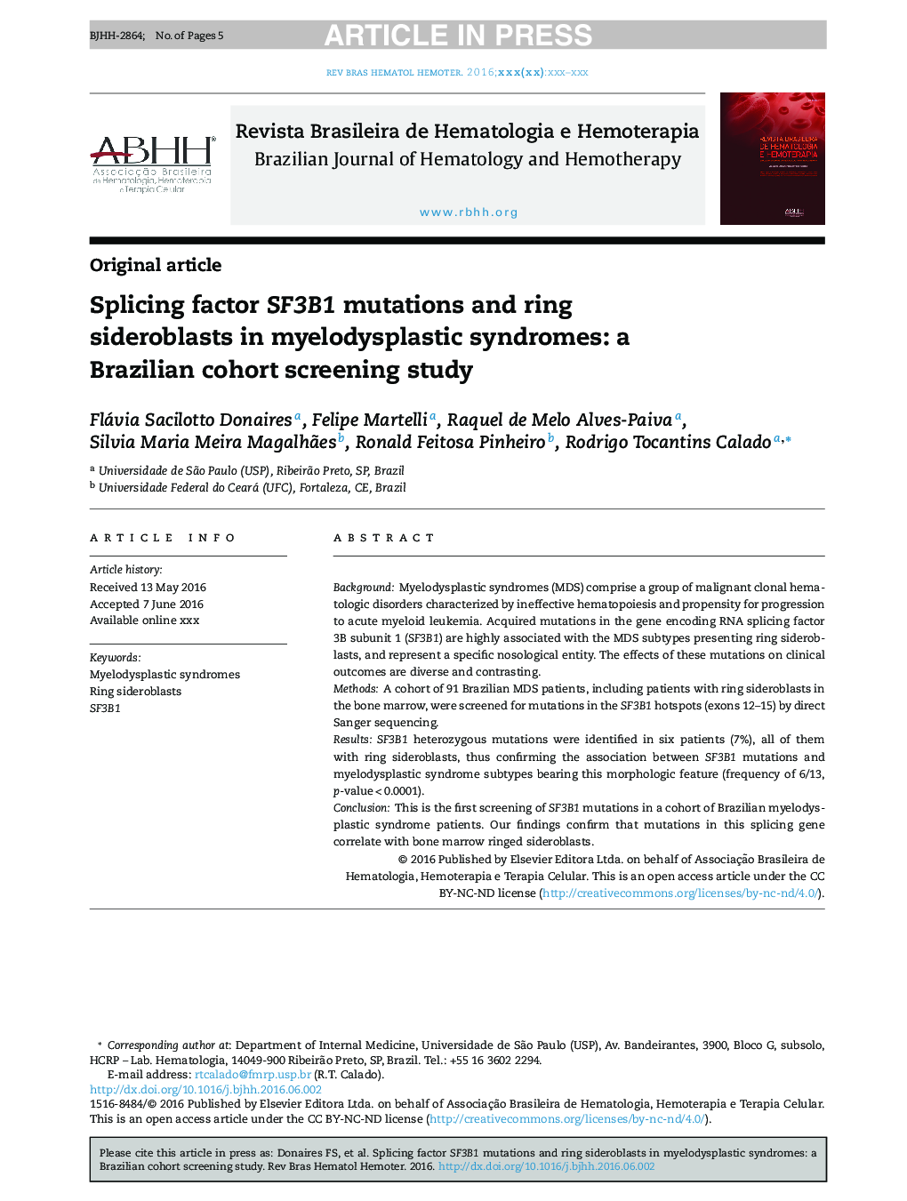 Splicing factor SF3B1 mutations and ring sideroblasts in myelodysplastic syndromes: a Brazilian cohort screening study