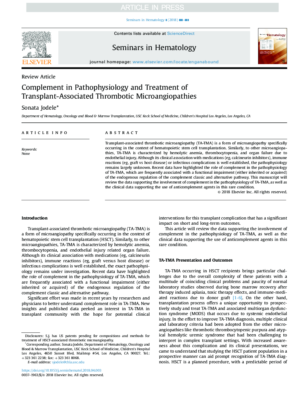مکمل در پاتوفیزیولوژی و درمان میکروآنژیوپاتی ترومبوز وابسته به پیوند 