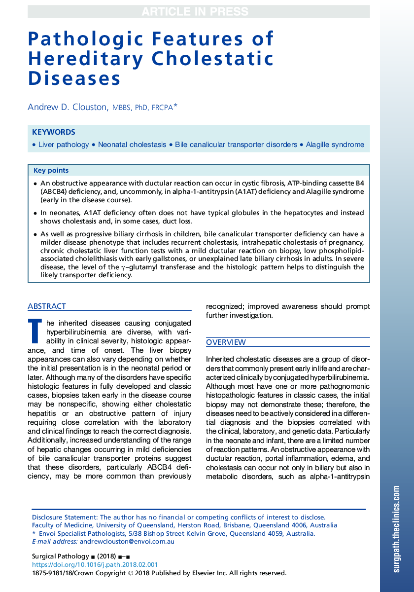 Pathologic Features of Hereditary Cholestatic Diseases