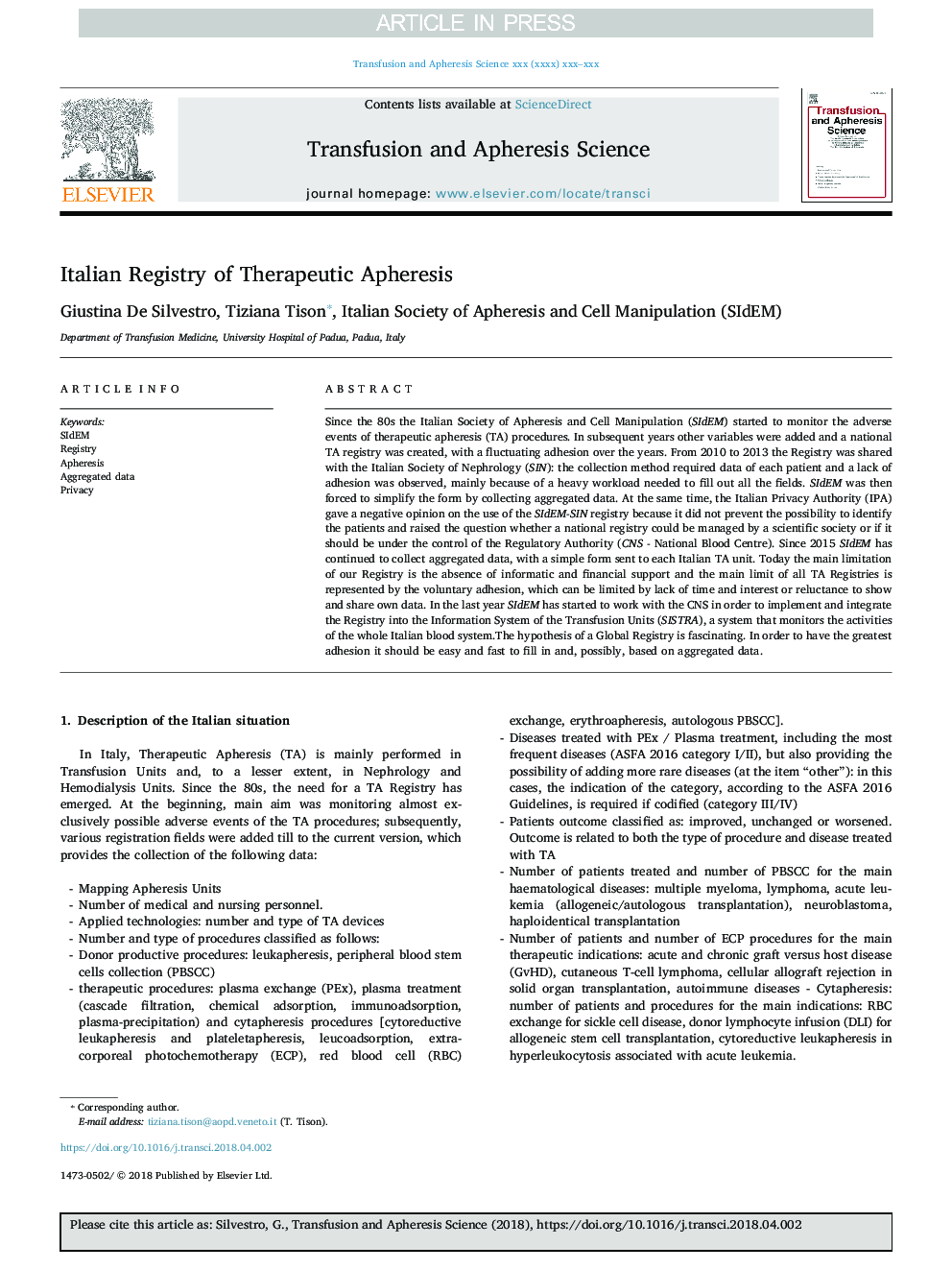 Italian Registry of Therapeutic Apheresis