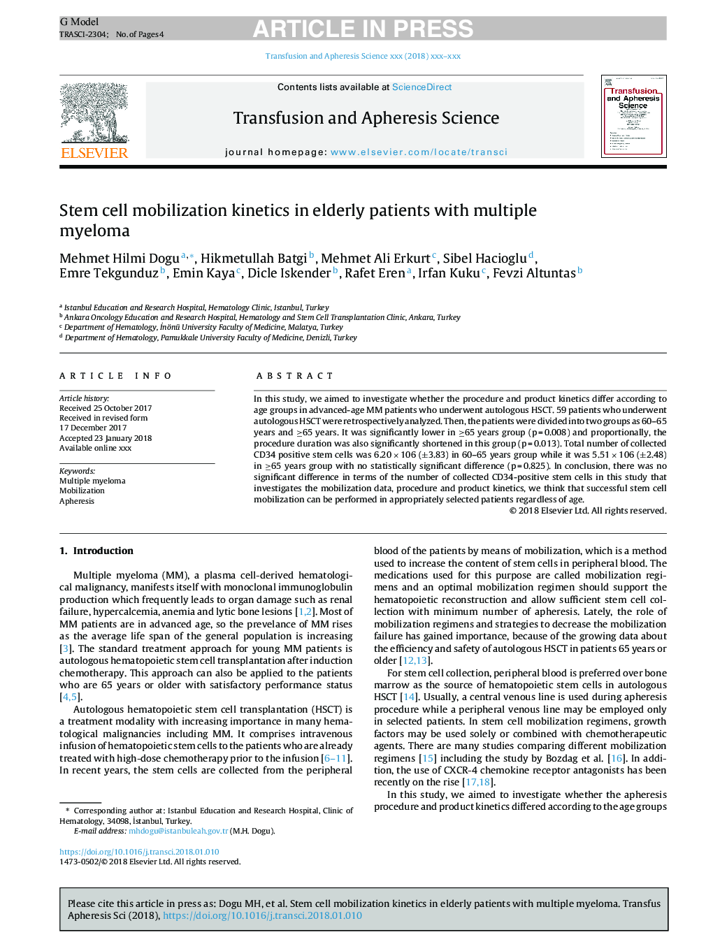 Stem cell mobilization kinetics in elderly patients with multiple myeloma