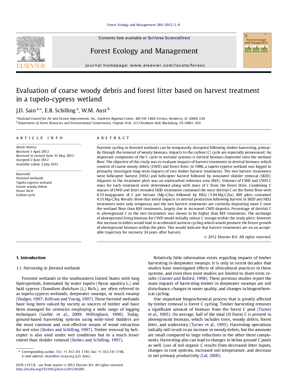 Evaluation of coarse woody debris and forest litter based on harvest treatment in a tupelo-cypress wetland