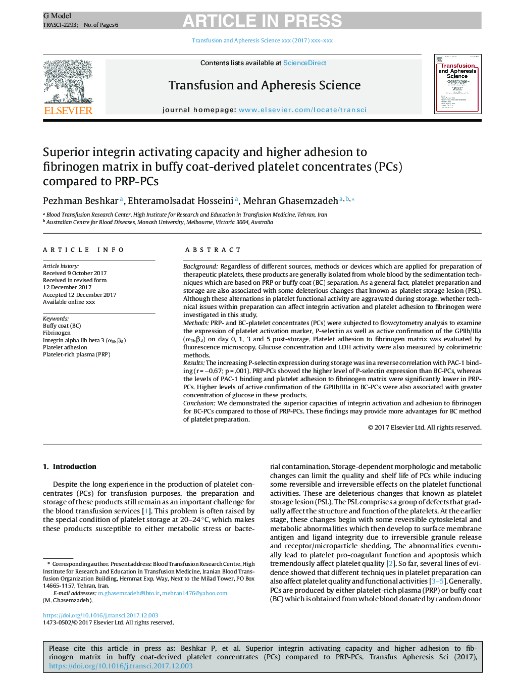 Superior integrin activating capacity and higher adhesion to fibrinogen matrix in buffy coat-derived platelet concentrates (PCs) compared to PRP-PCs