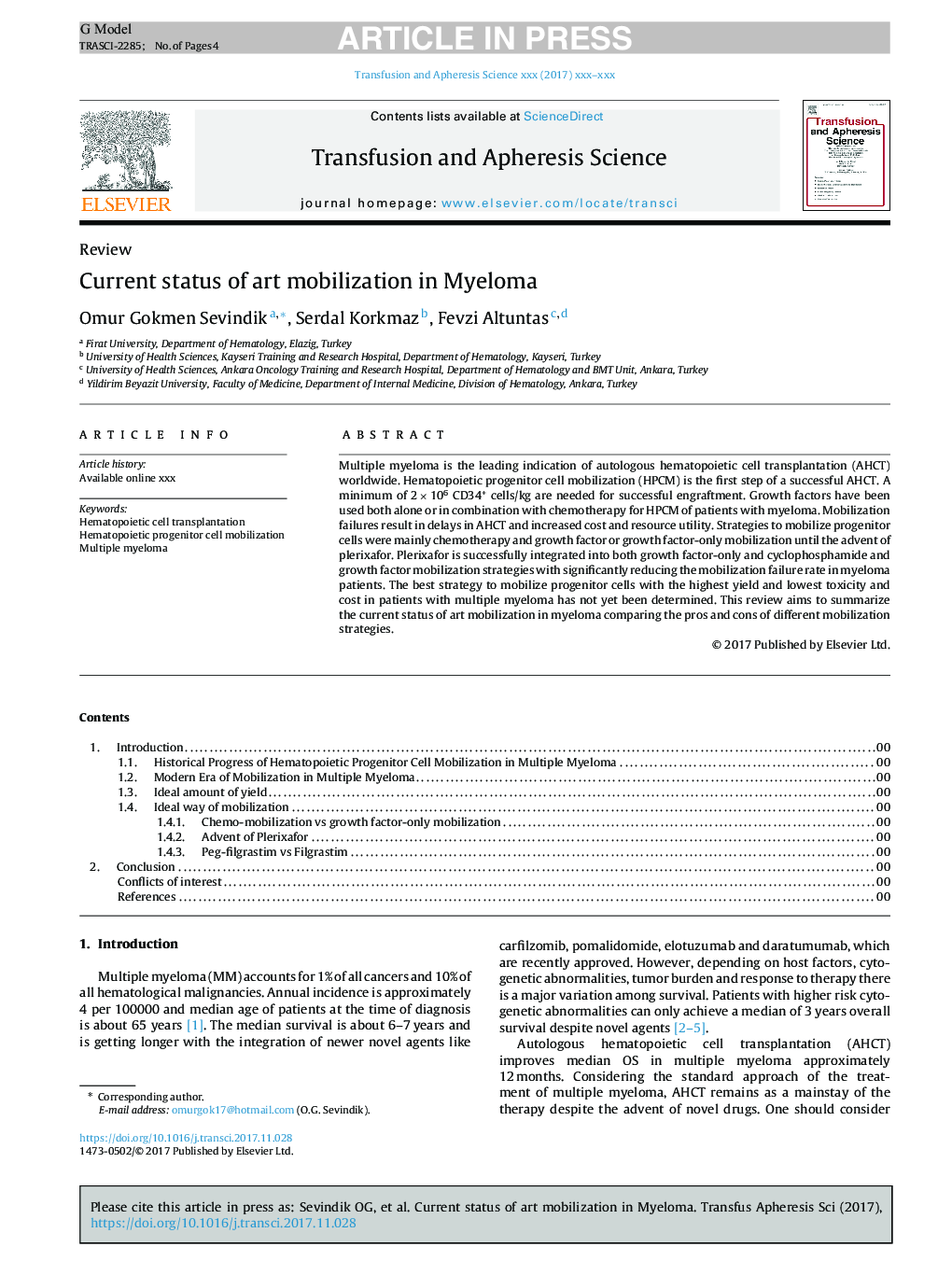 Current status of art mobilization in Myeloma