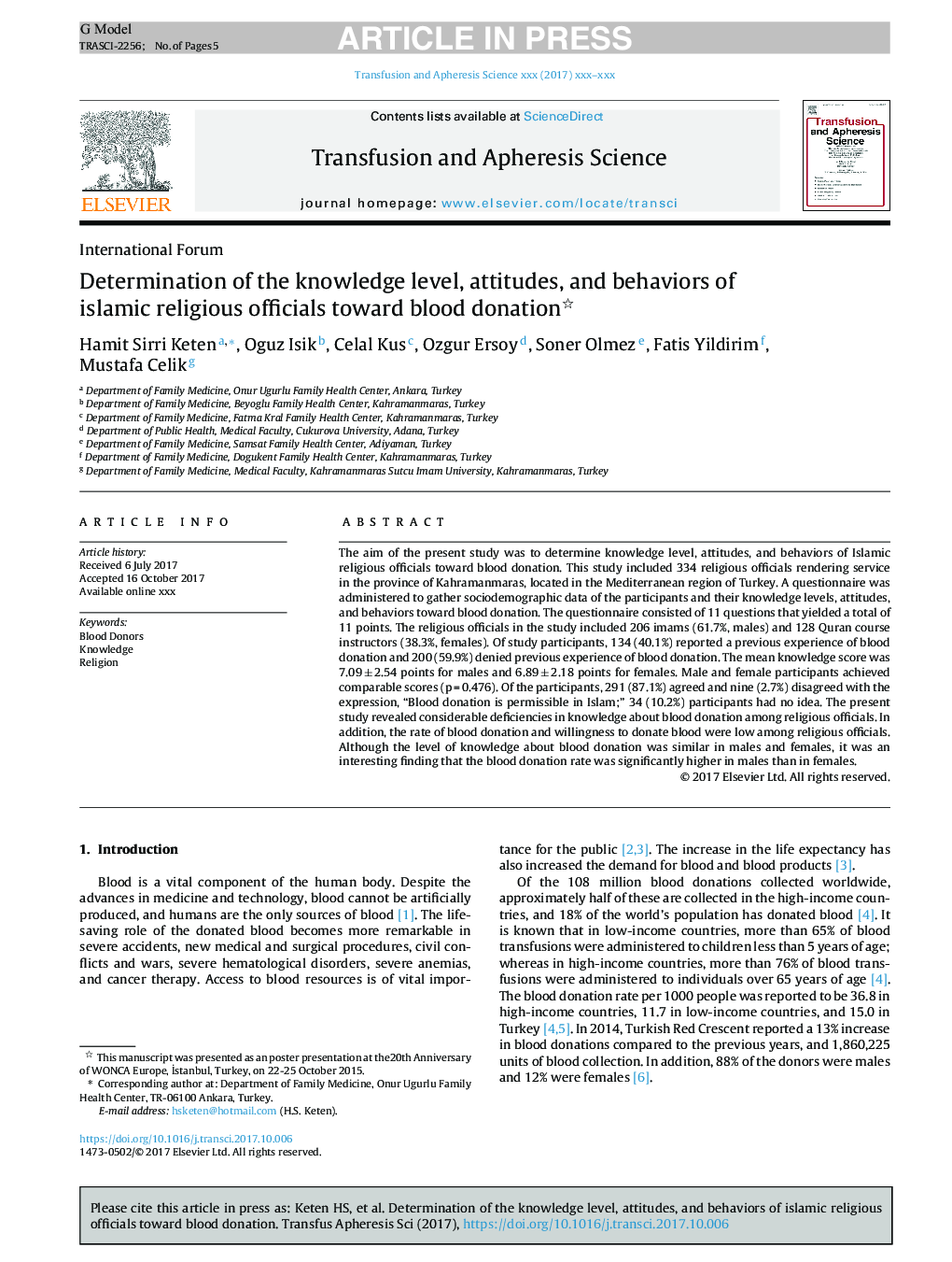 Determination of the knowledge level, attitudes, and behaviors of islamic religious officials toward blood donation