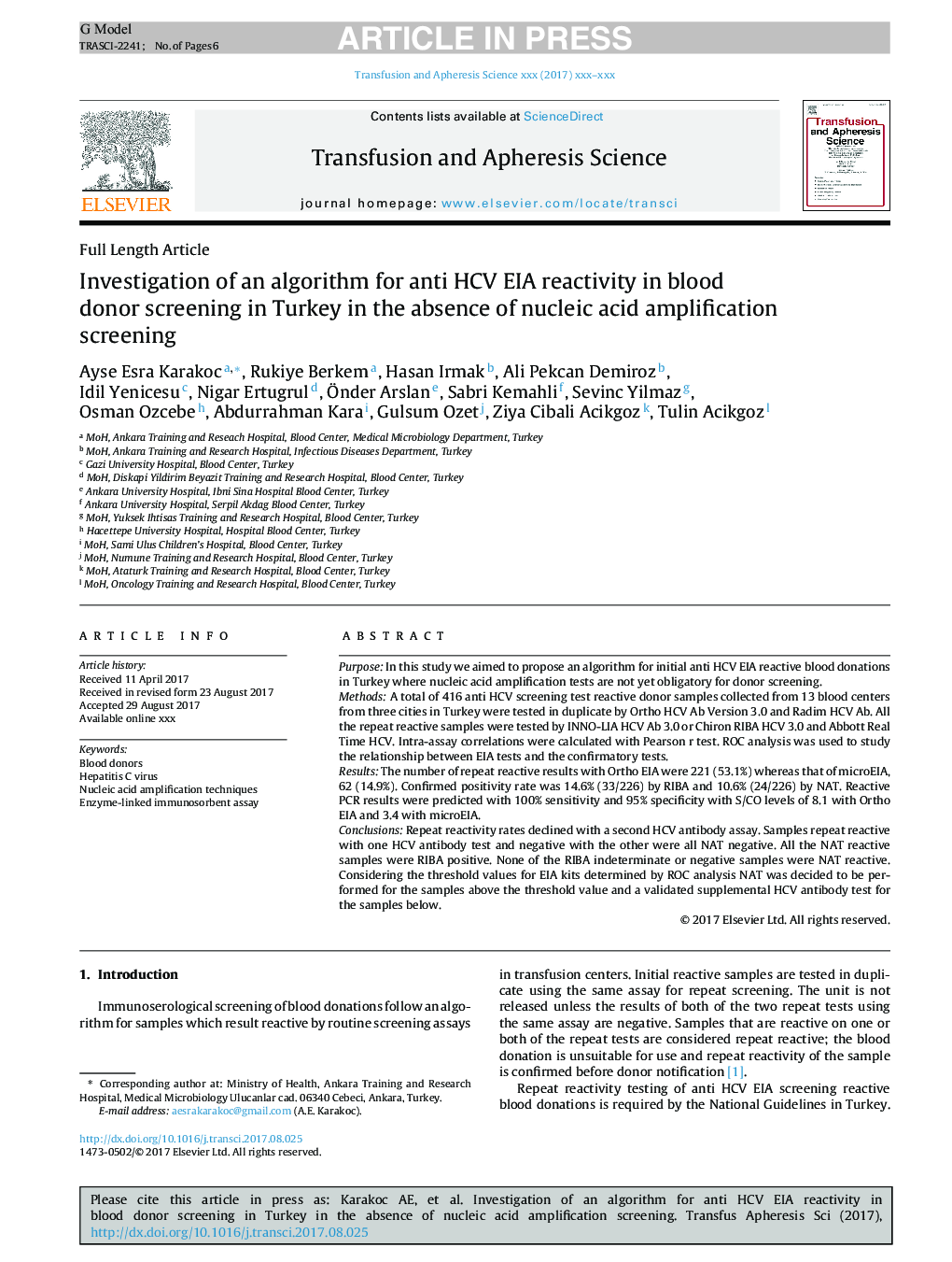 Investigation of an algorithm for anti HCV EIA reactivity in blood donor screening in Turkey in the absence of nucleic acid amplification screening