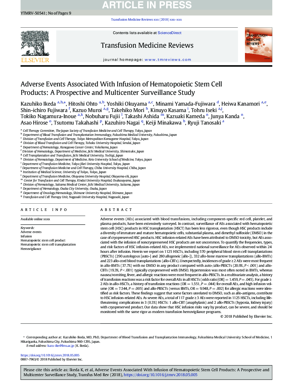 Adverse Events Associated With Infusion of Hematopoietic Stem Cell Products: A Prospective and Multicenter Surveillance Study