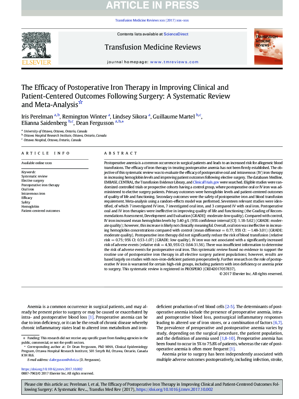 The Efficacy of Postoperative Iron Therapy in Improving Clinical and Patient-Centered Outcomes Following Surgery: A Systematic Review and Meta-Analysis