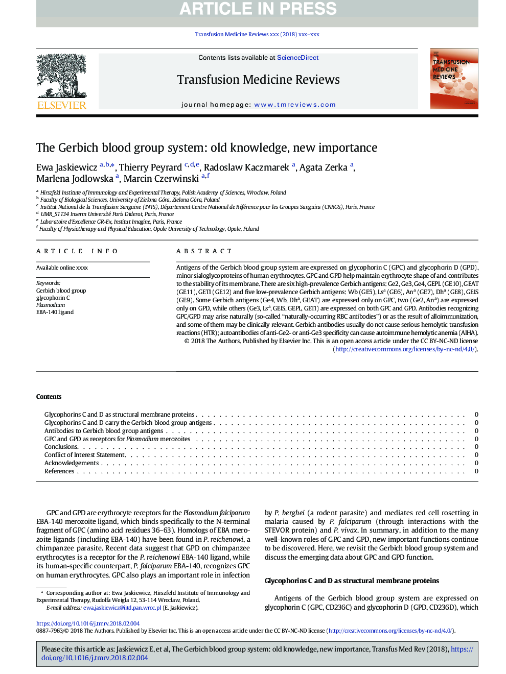 The Gerbich blood group system: old knowledge, new importance