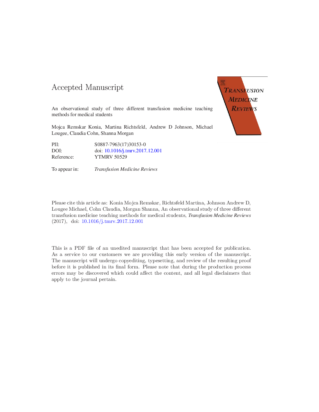 An Observational Study of 3 Different Transfusion Medicine Teaching Methods for Medical Students