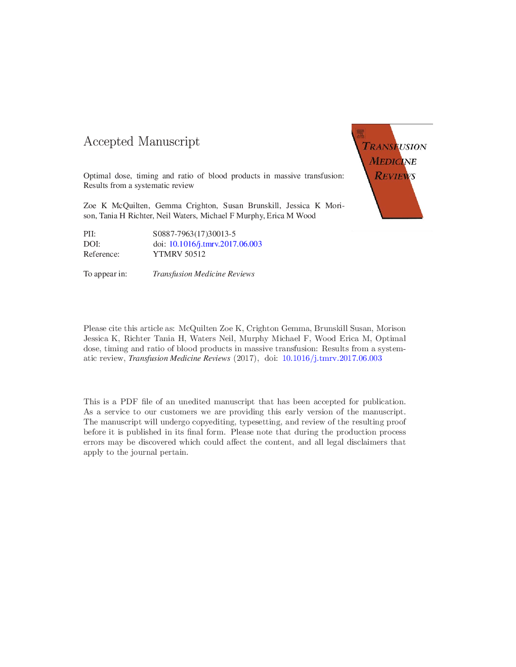 Optimal Dose, Timing and Ratio of Blood Products in Massive Transfusion: Results from a Systematic Review