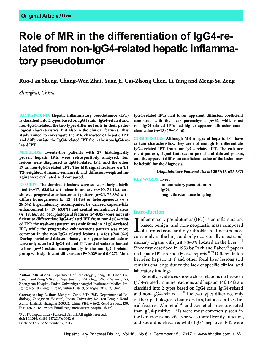 Role of MR in the differentiation of IgG4-related from non-IgG4-related hepatic inflammatory pseudotumor