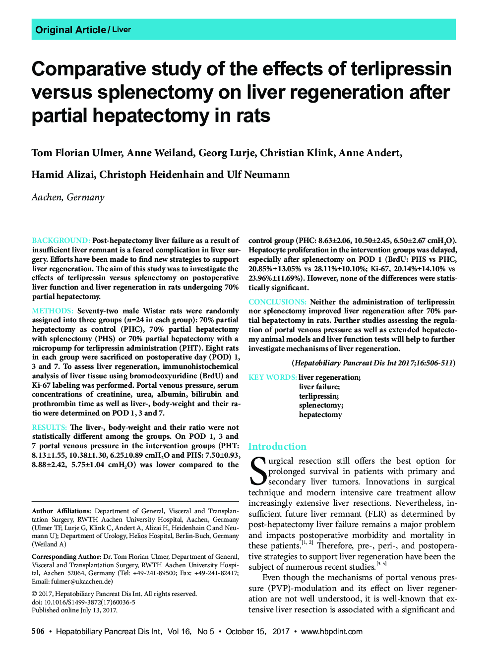 Comparative study of the effects of terlipressin versus splenectomy on liver regeneration after partial hepatectomy in rats