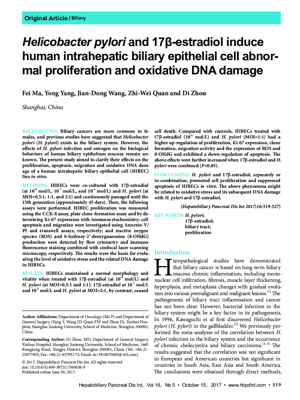 Helicobacter pylori and 17Î²-estradiol induce human intrahepatic biliary epithelial cell abnormal proliferation and oxidative DNA damage