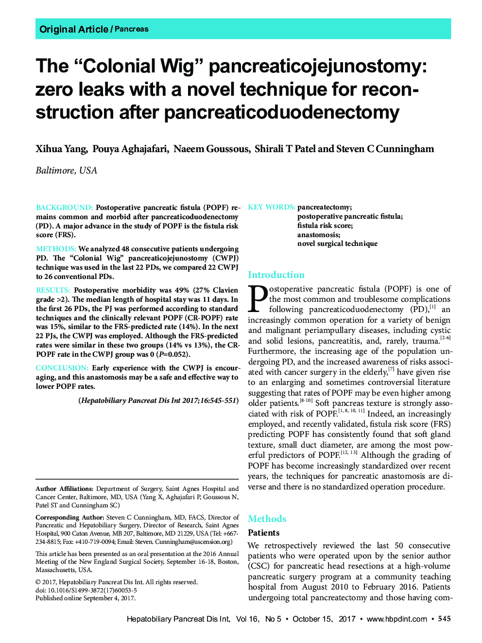 The “Colonial Wig” pancreaticojejunostomy: zero leaks with a novel technique for reconstruction after pancreaticoduodenectomy