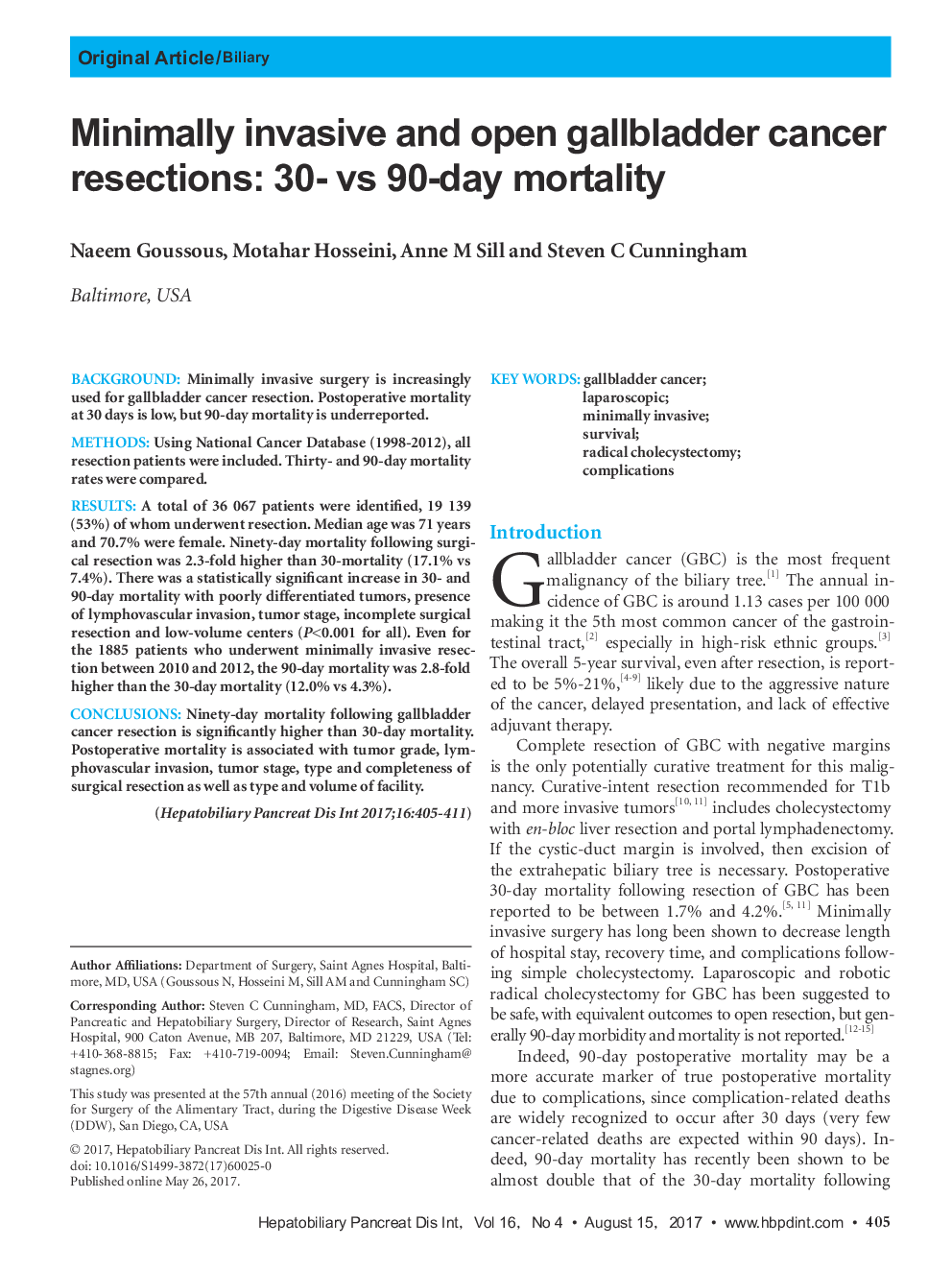 Minimally invasive and open gallbladder cancer resections: 30- vs 90-day mortality
