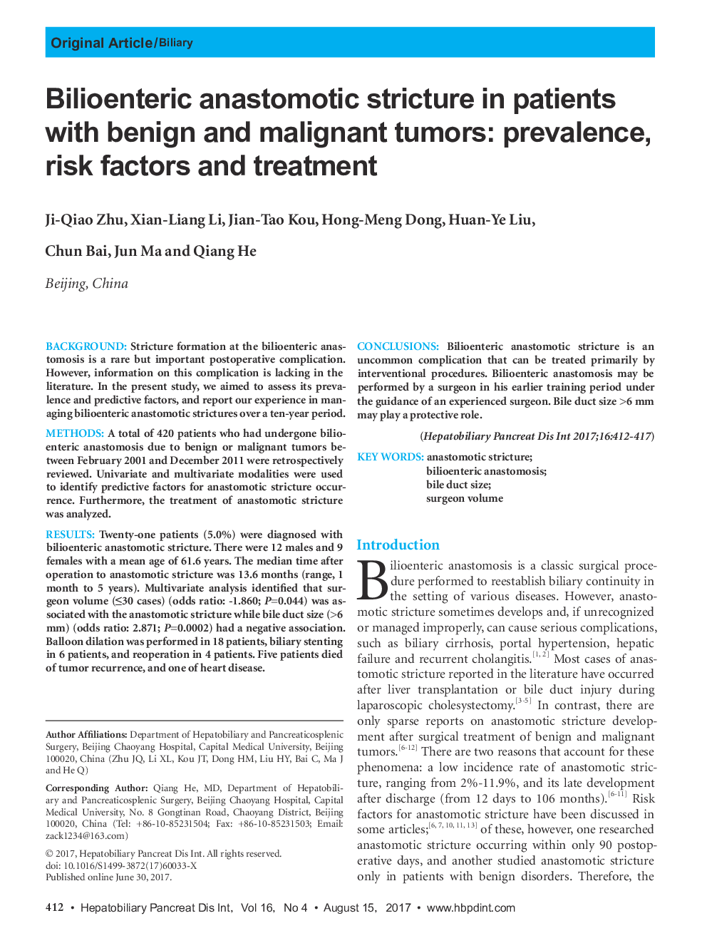 Bilioenteric anastomotic stricture in patients with benign and malignant tumors: prevalence, risk factors and treatment