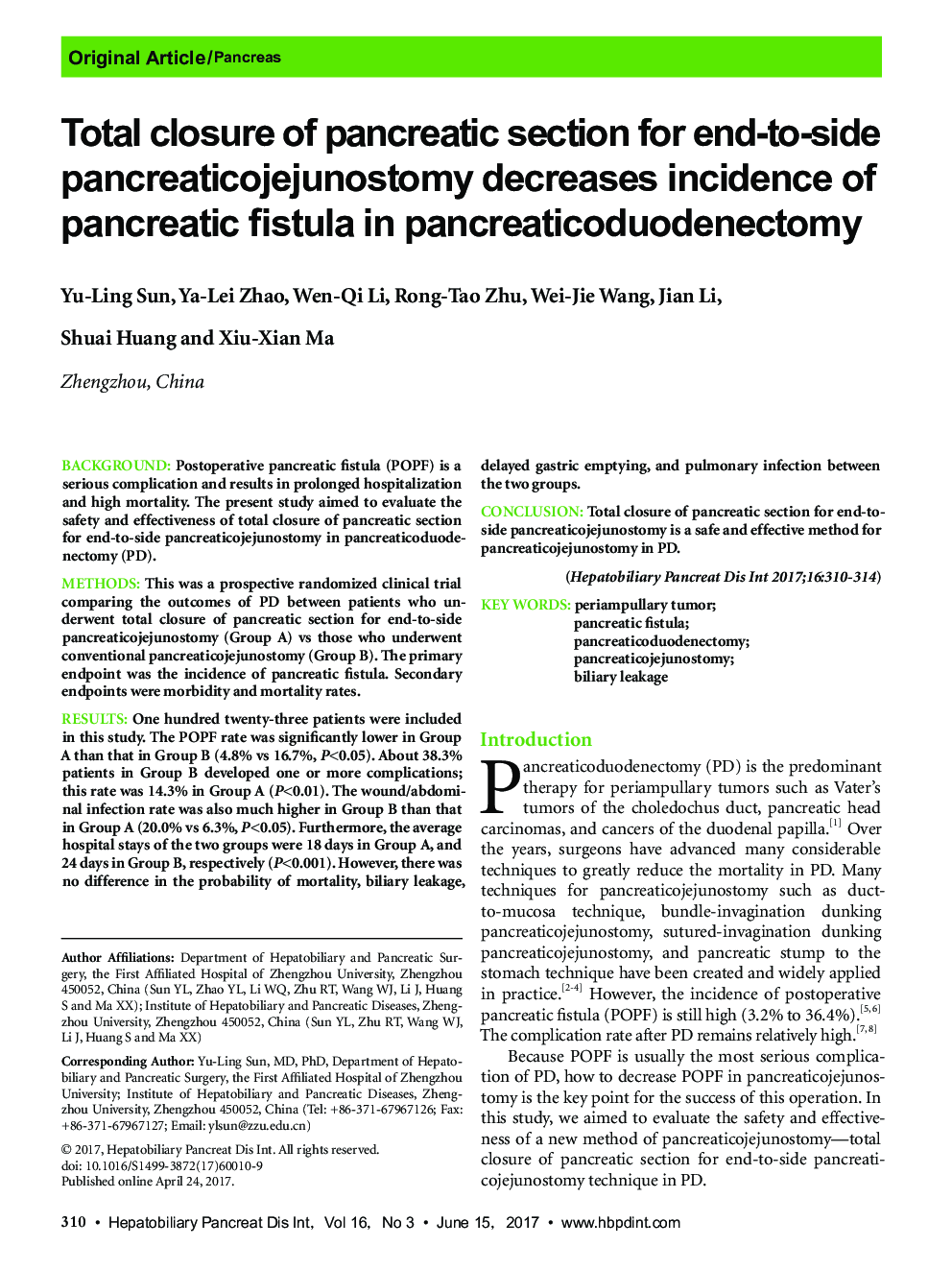 Total closure of pancreatic section for end-to-side pancreaticojejunostomy decreases incidence of pancreatic fistula in pancreaticoduodenectomy