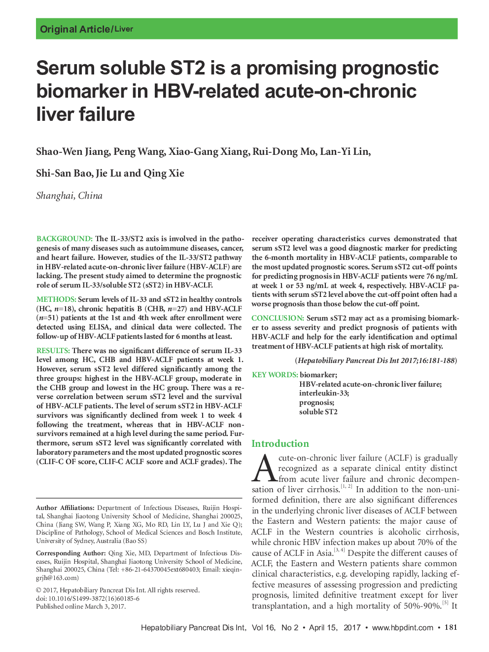 Serum soluble ST2 is a promising prognostic biomarker in HBV-related acute-on-chronic liver failure