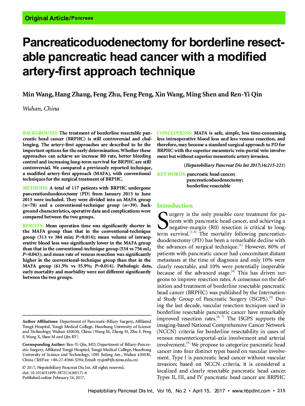 Pancreaticoduodenectomy for borderline resectable pancreatic head cancer with a modified artery-first approach technique