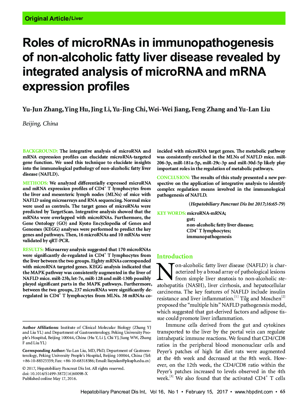 Roles of microRNAs in immunopathogenesis of non-alcoholic fatty liver disease revealed by integrated analysis of microRNA and mRNA expression profiles