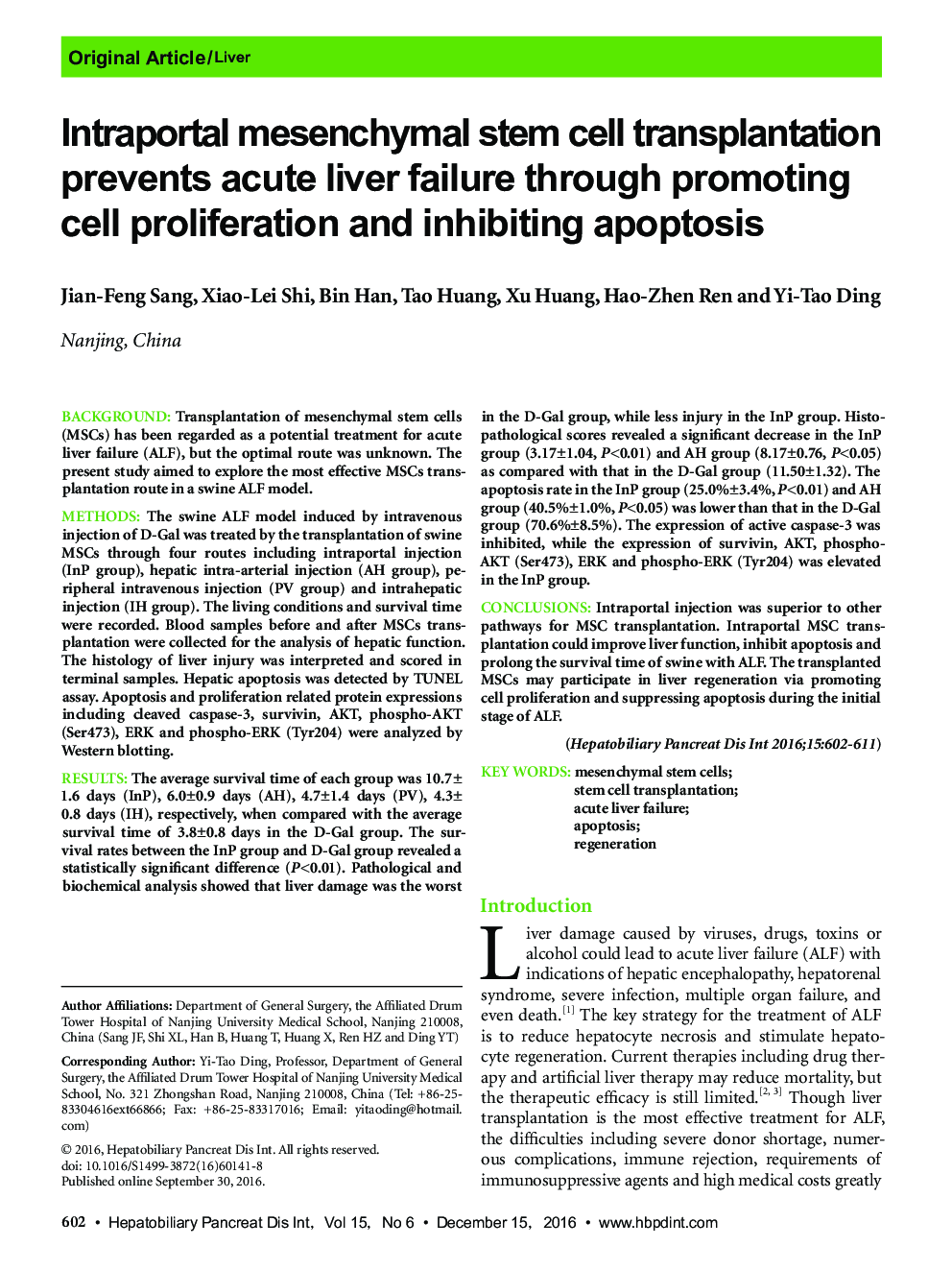 Intraportal mesenchymal stem cell transplantation prevents acute liver failure through promoting cell proliferation and inhibiting apoptosis