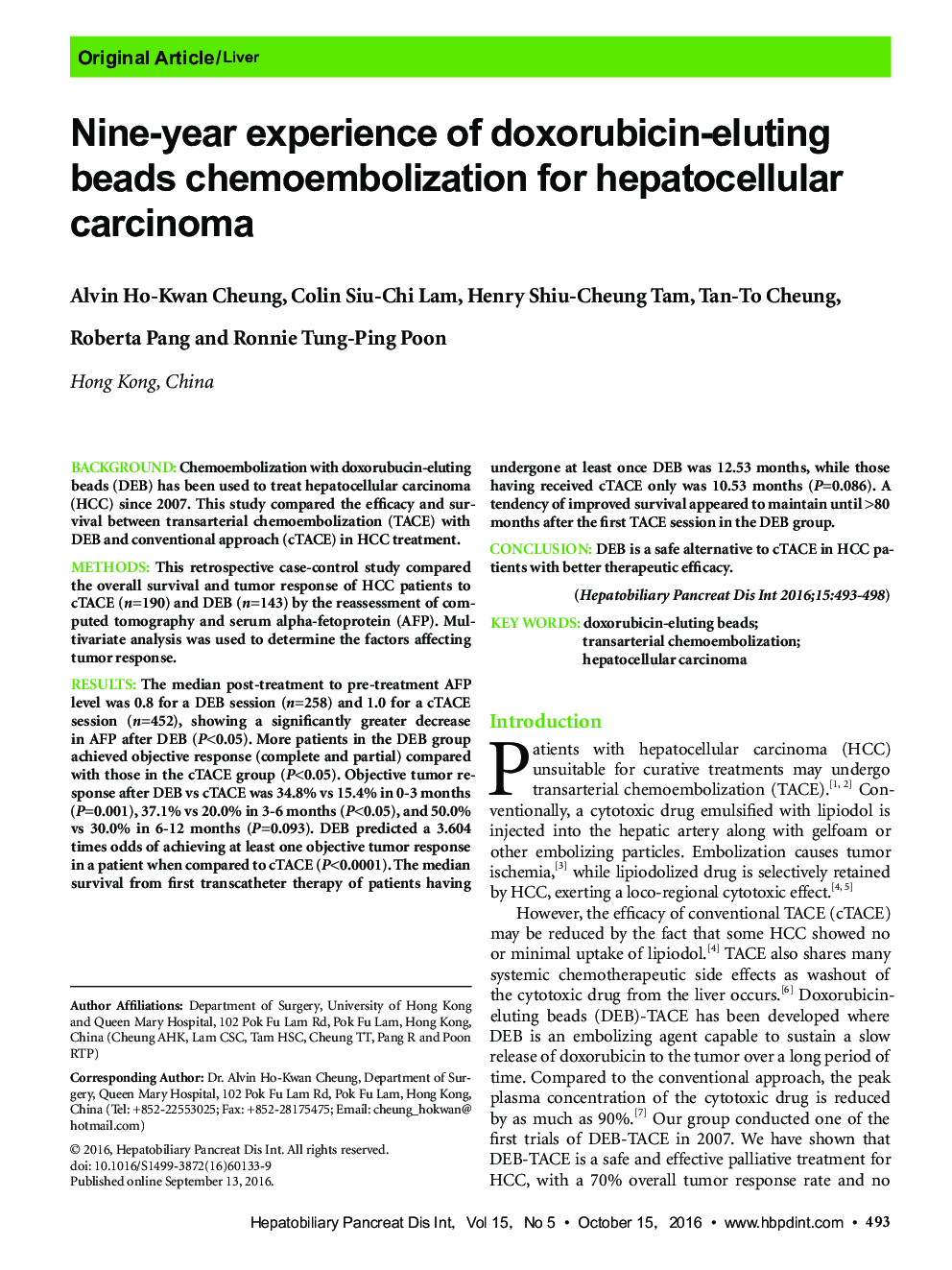 Nine-year experience of doxorubicin-eluting beads chemoembolization for hepatocellular carcinoma