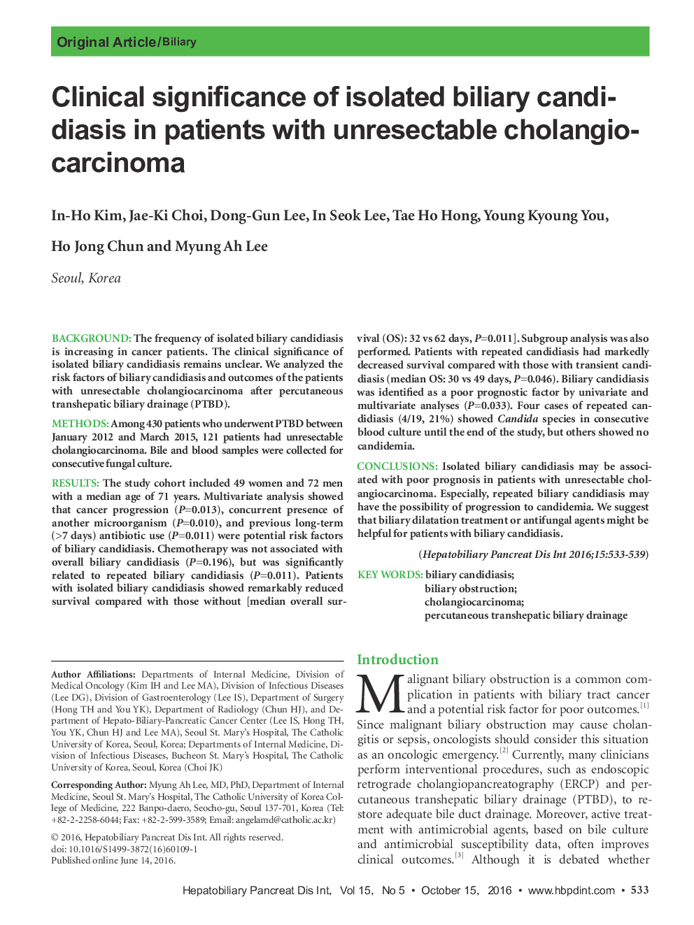 Clinical significance of isolated biliary candidiasis in patients with unresectable cholangiocarcinoma