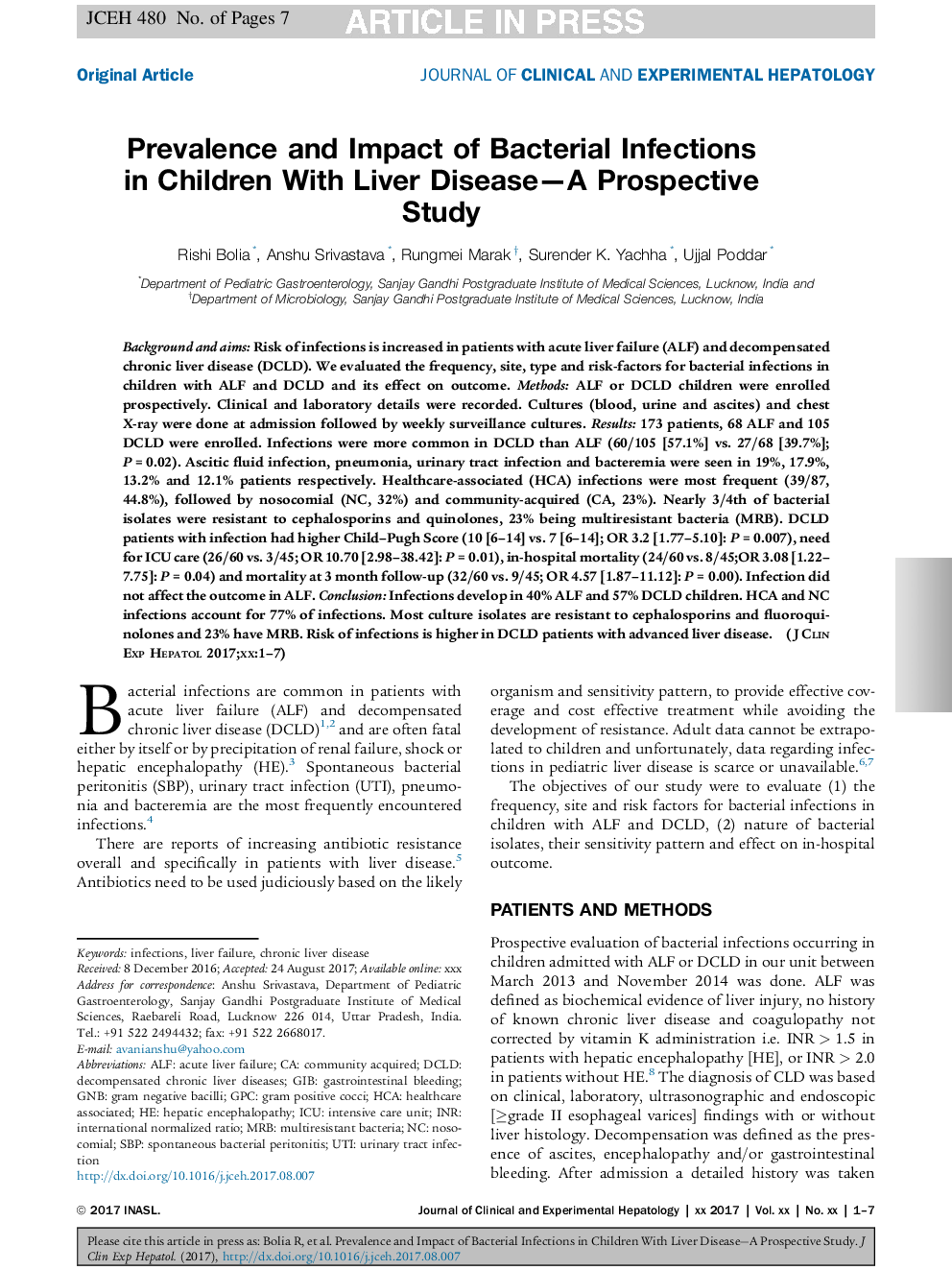 Prevalence and Impact of Bacterial Infections in Children With Liver Disease-A Prospective Study