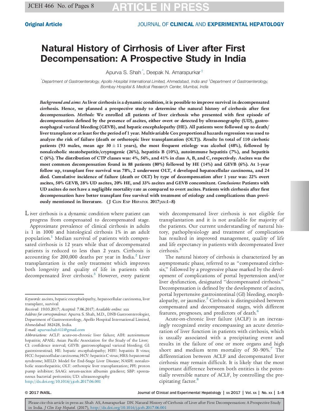 Natural History of Cirrhosis of Liver after First Decompensation: A Prospective Study in India