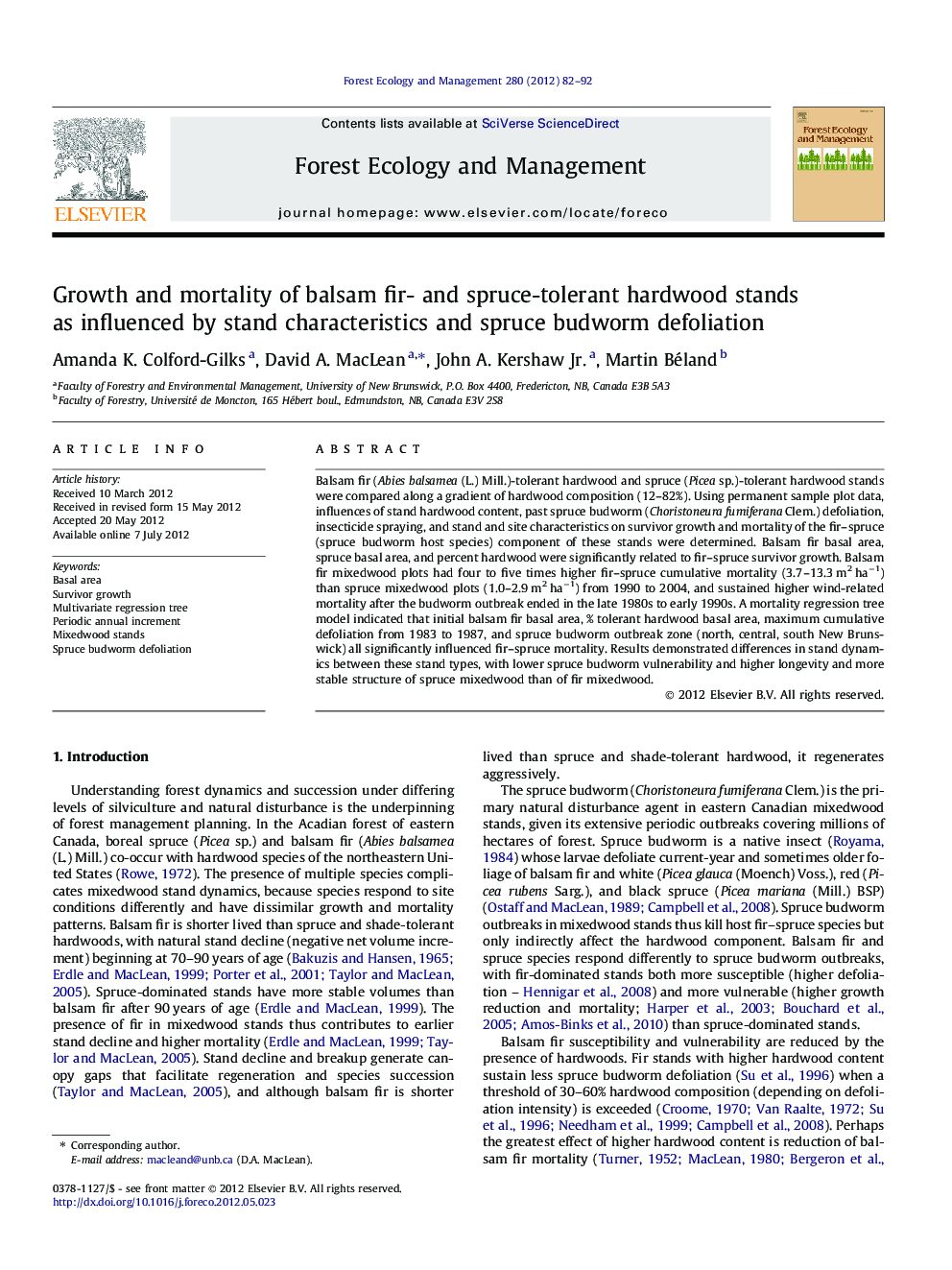 Growth and mortality of balsam fir- and spruce-tolerant hardwood stands as influenced by stand characteristics and spruce budworm defoliation