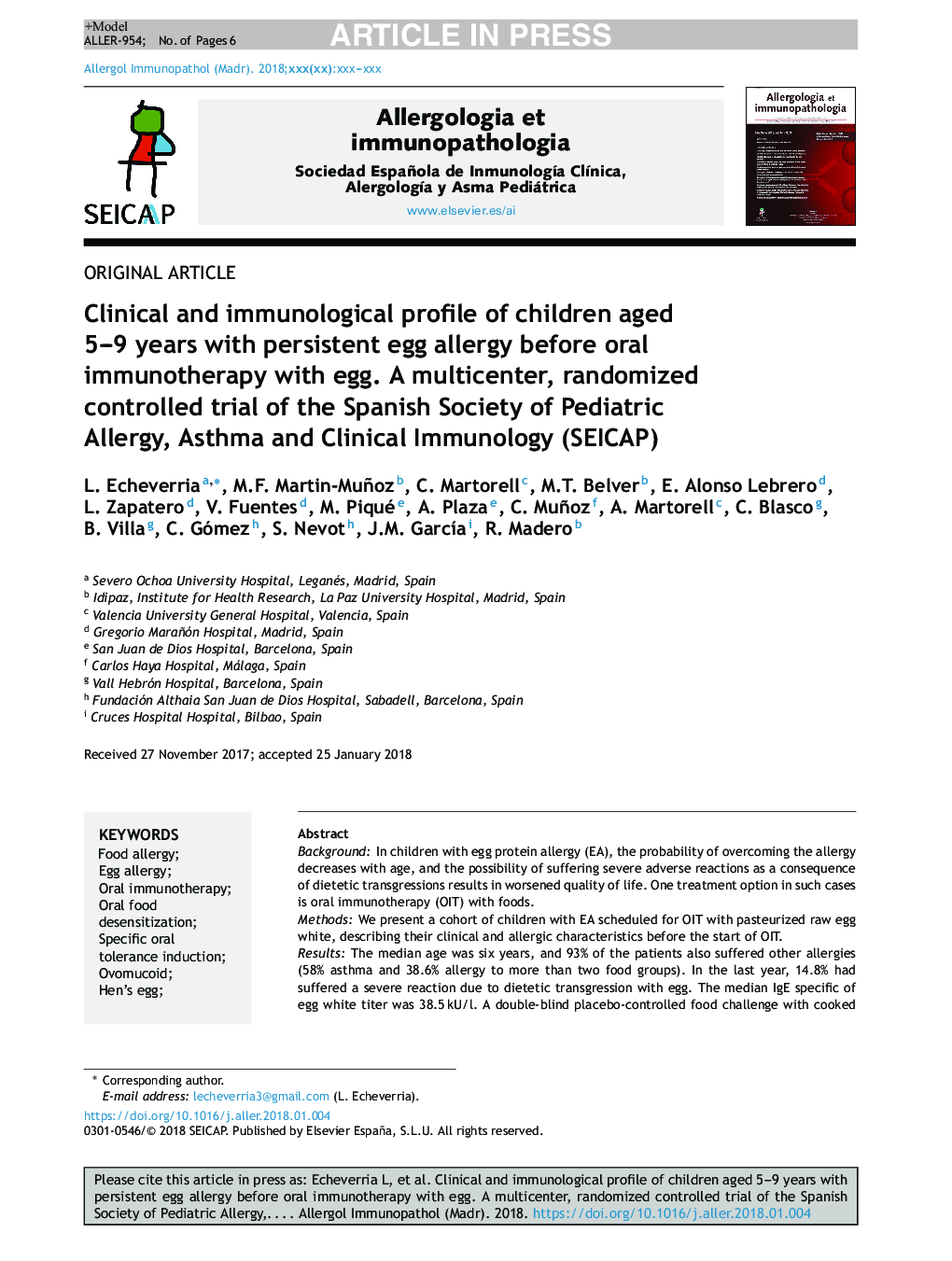 Clinical and immunological profile of children aged 5-9 years with persistent egg allergy before oral immunotherapy with egg. A multicenter, randomized controlled trial of the Spanish Society of Pediatric Allergy, Asthma and Clinical Immunology (SEICAP)