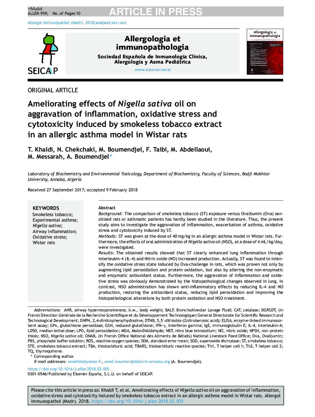 Ameliorating effects of Nigella sativa oil on aggravation of inflammation, oxidative stress and cytotoxicity induced by smokeless tobacco extract in an allergic asthma model in Wistar rats