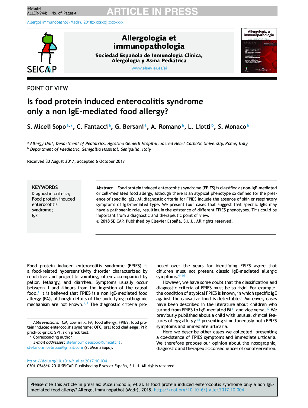 Is food protein induced enterocolitis syndrome only a non IgE-mediated food allergy?