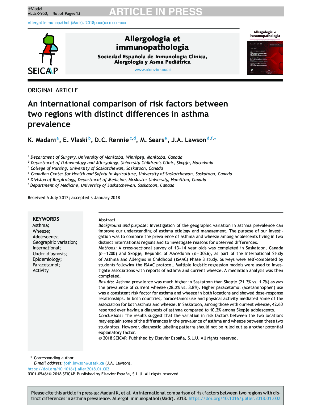An international comparison of risk factors between two regions with distinct differences in asthma prevalence