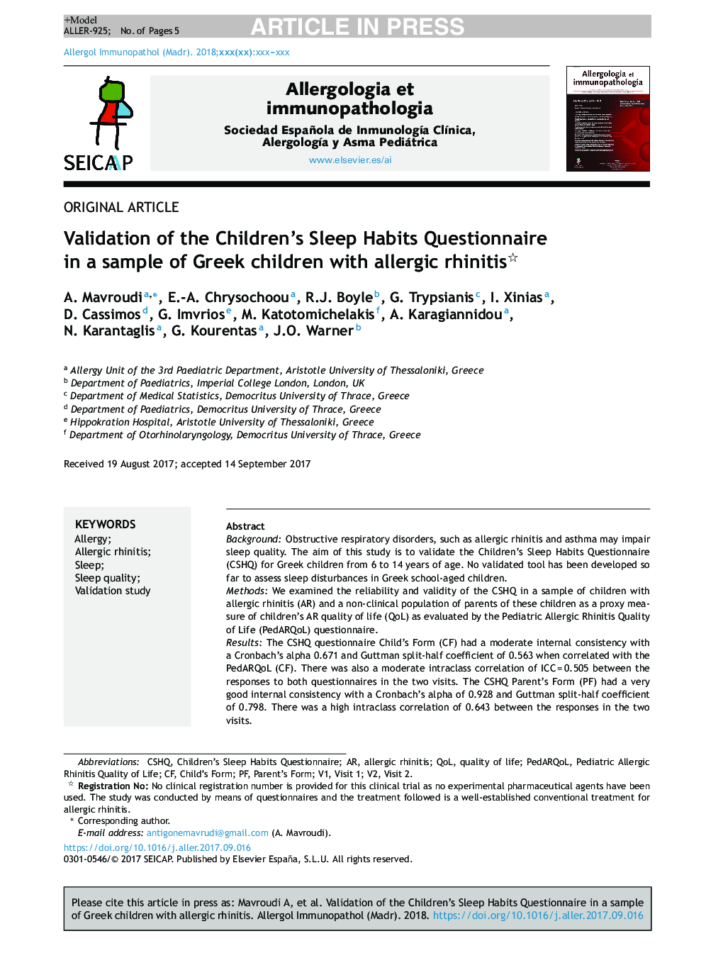 Validation of the Children's Sleep Habits Questionnaire in a sample of Greek children with allergic rhinitis