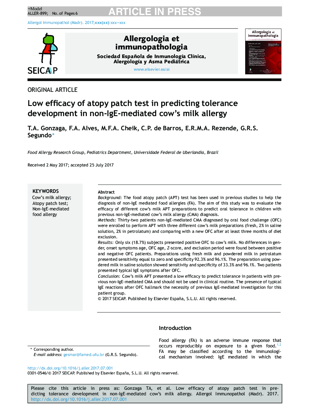 Low efficacy of atopy patch test in predicting tolerance development in non-IgE-mediated cow's milk allergy