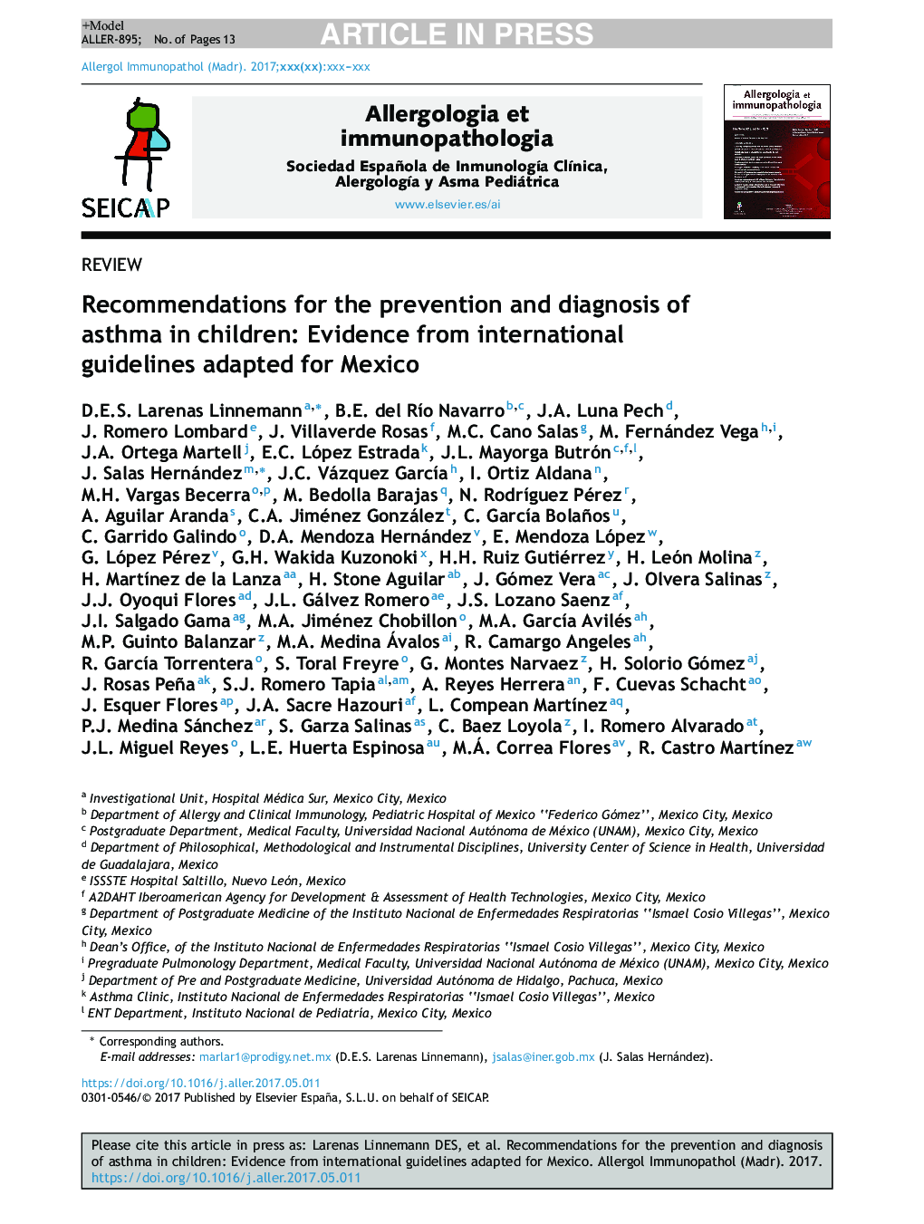 Recommendations for the prevention and diagnosis of asthma in children: Evidence from international guidelines adapted for Mexico