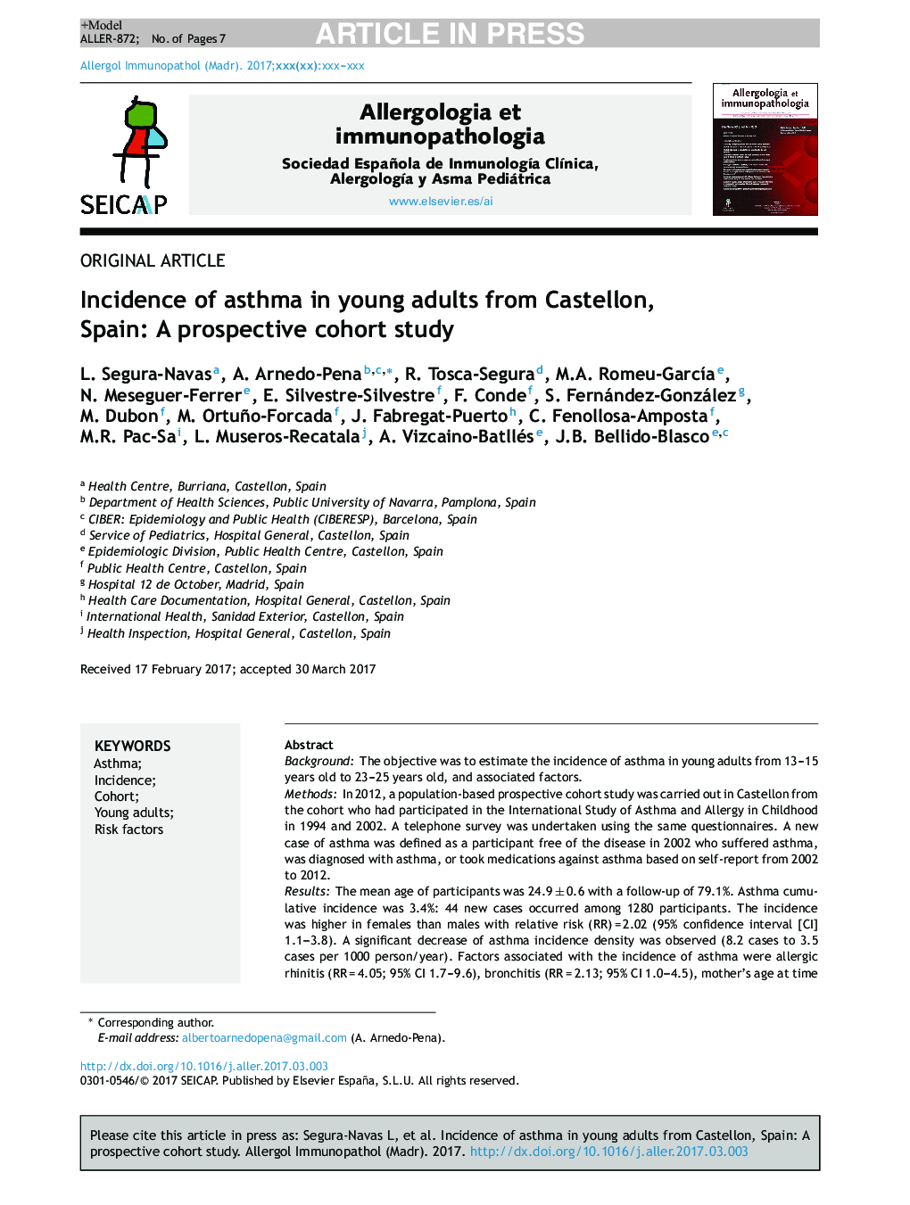 Incidence of asthma in young adults from Castellon, Spain: A prospective cohort study