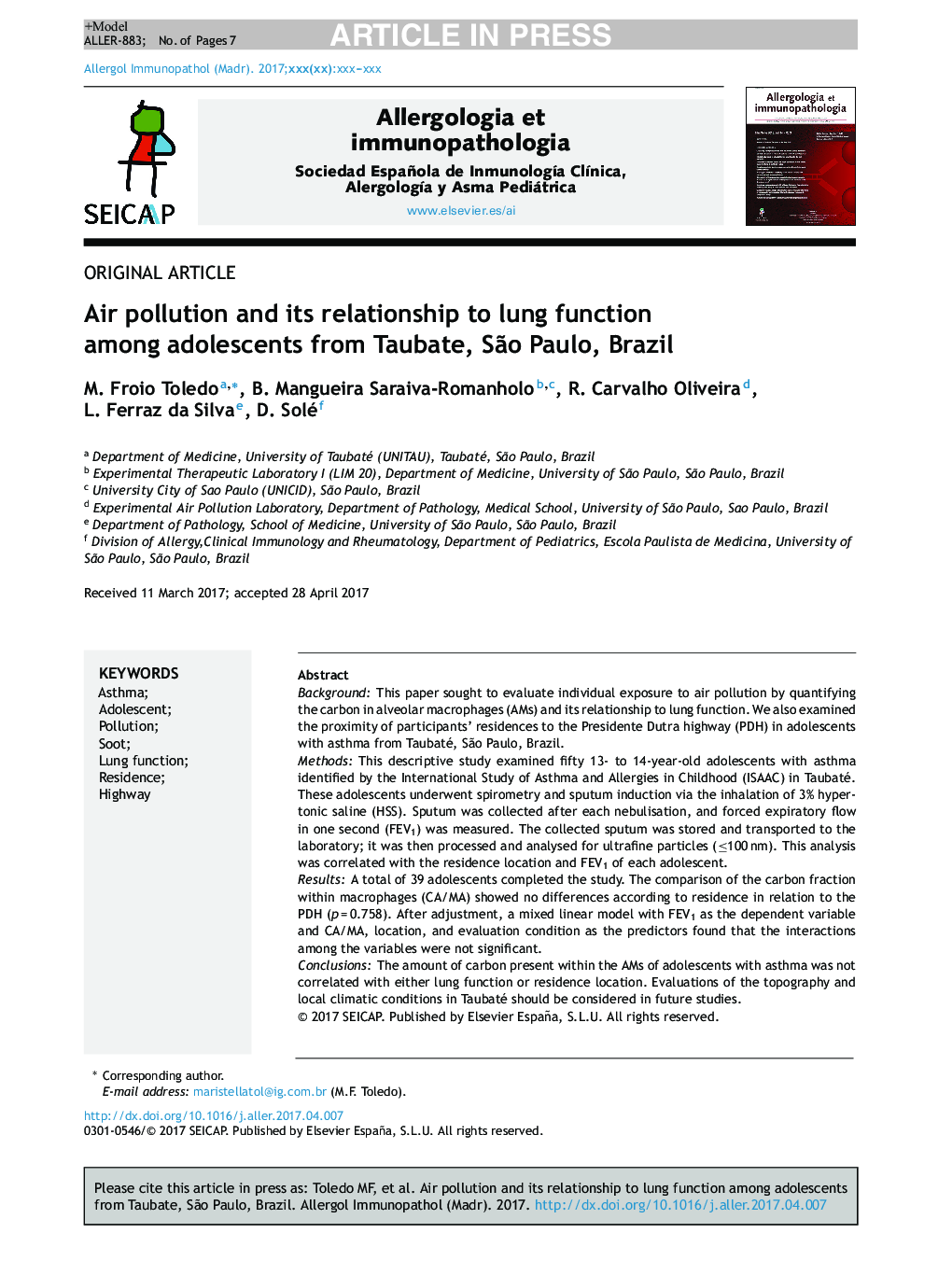 Air pollution and its relationship to lung function among adolescents from Taubate, SÃ£o Paulo, Brazil