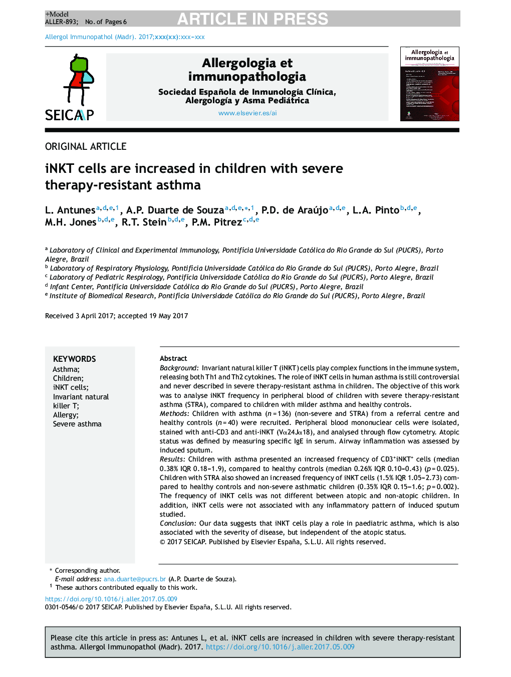 iNKT cells are increased in children with severe therapy-resistant asthma