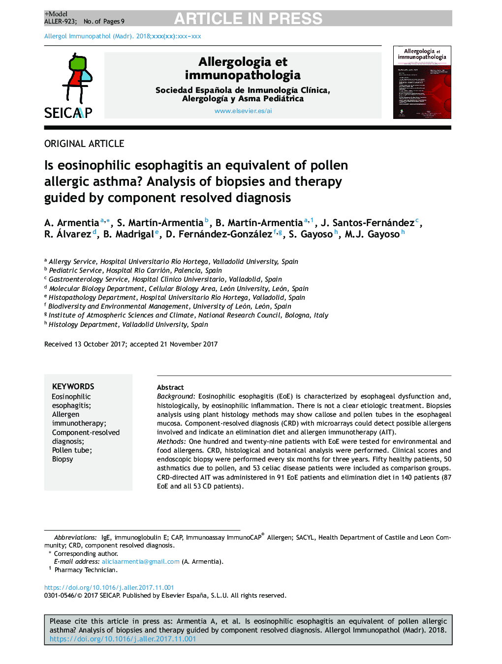 Is eosinophilic esophagitis an equivalent of pollen allergic asthma? Analysis of biopsies and therapy guided by component resolved diagnosis