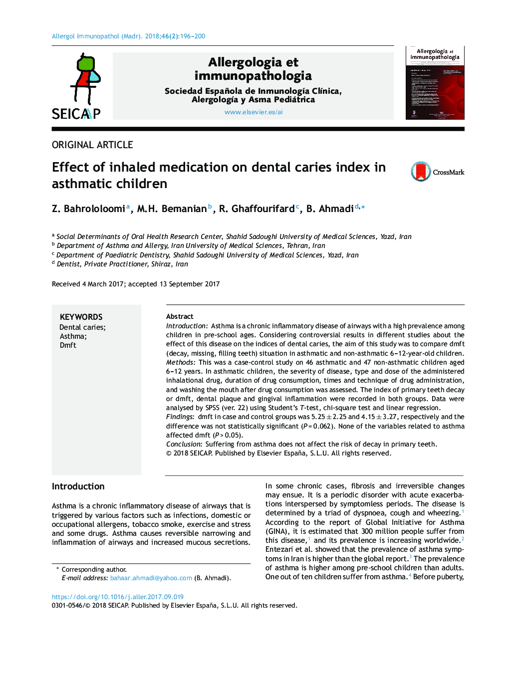 Effect of inhaled medication on dental caries index in asthmatic children