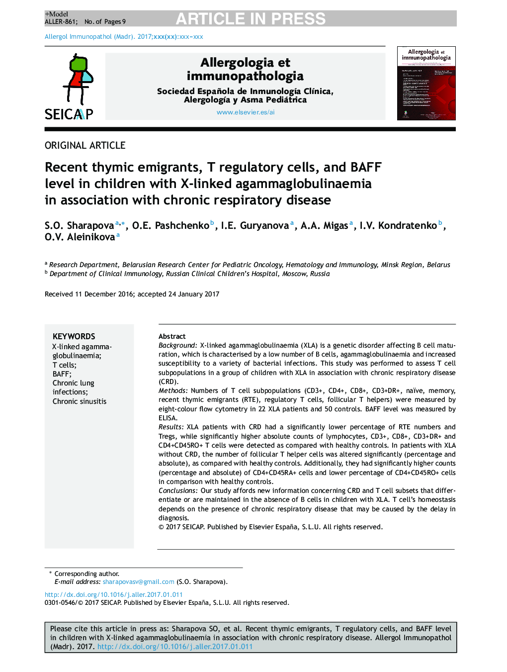 Recent thymic emigrants, T regulatory cells, and BAFF level in children with X-linked agammaglobulinaemia in association with chronic respiratory disease