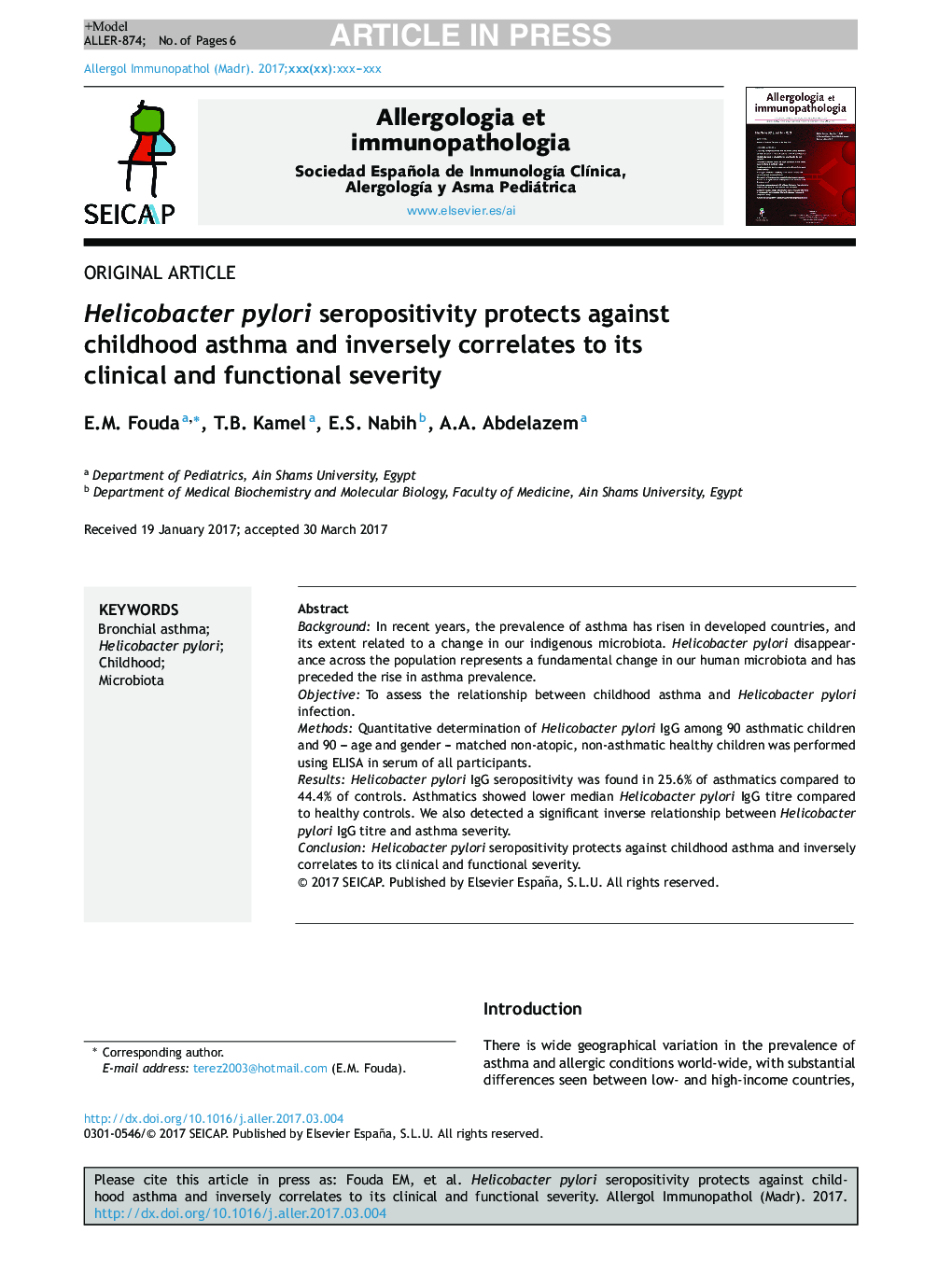 Helicobacter pylori seropositivity protects against childhood asthma and inversely correlates to its clinical and functional severity