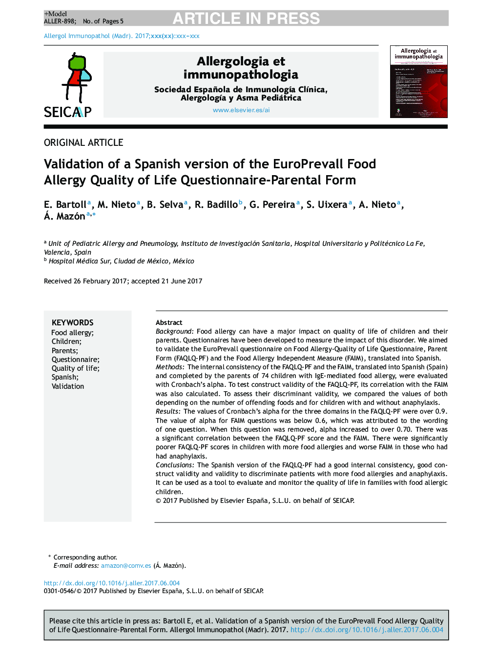 Validation of a Spanish version of the EuroPrevall Food Allergy Quality of Life Questionnaire-Parental Form