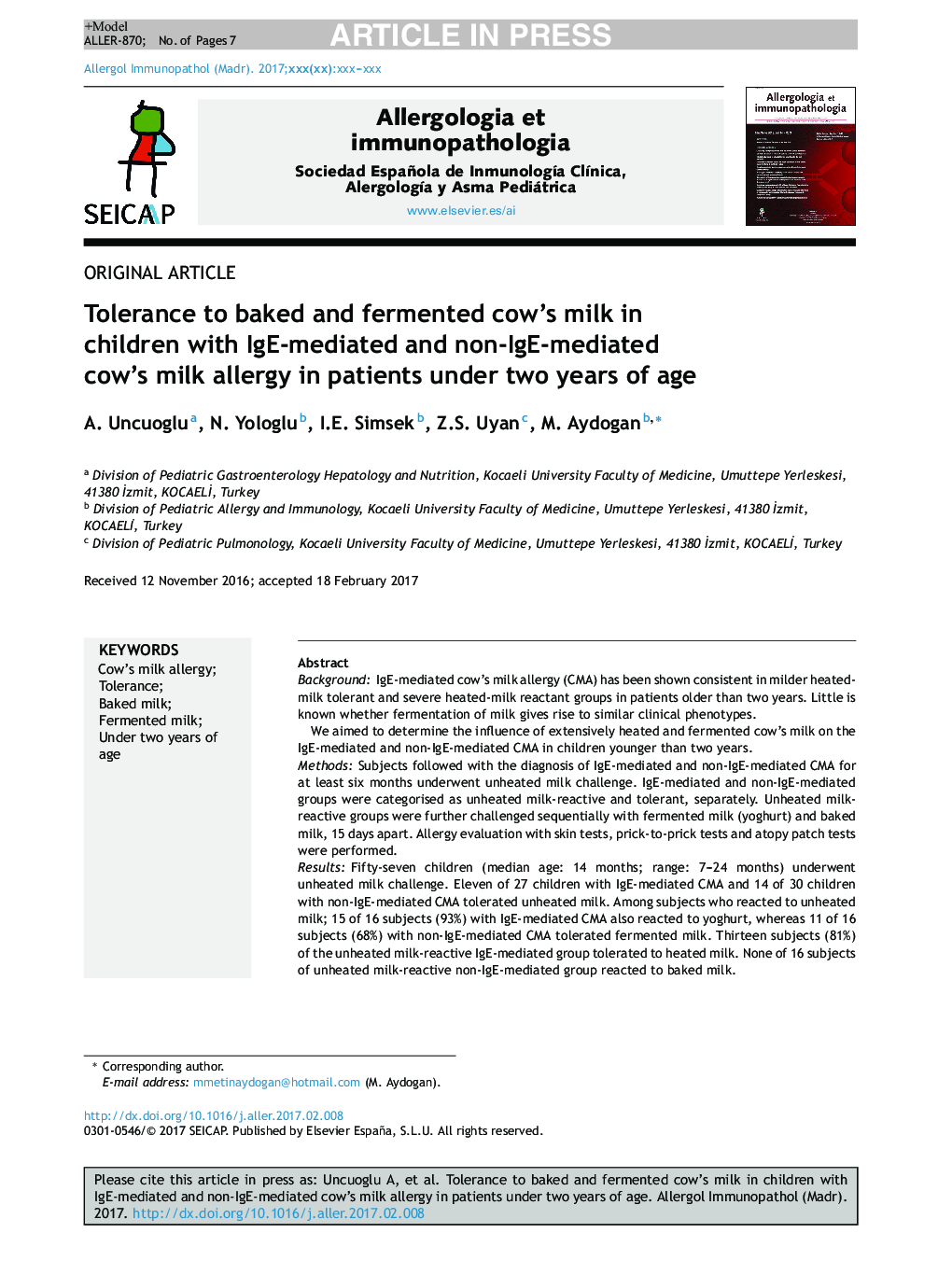 Tolerance to baked and fermented cow's milk in children with IgE-mediated and non-IgE-mediated cow's milk allergy in patients under two years of age