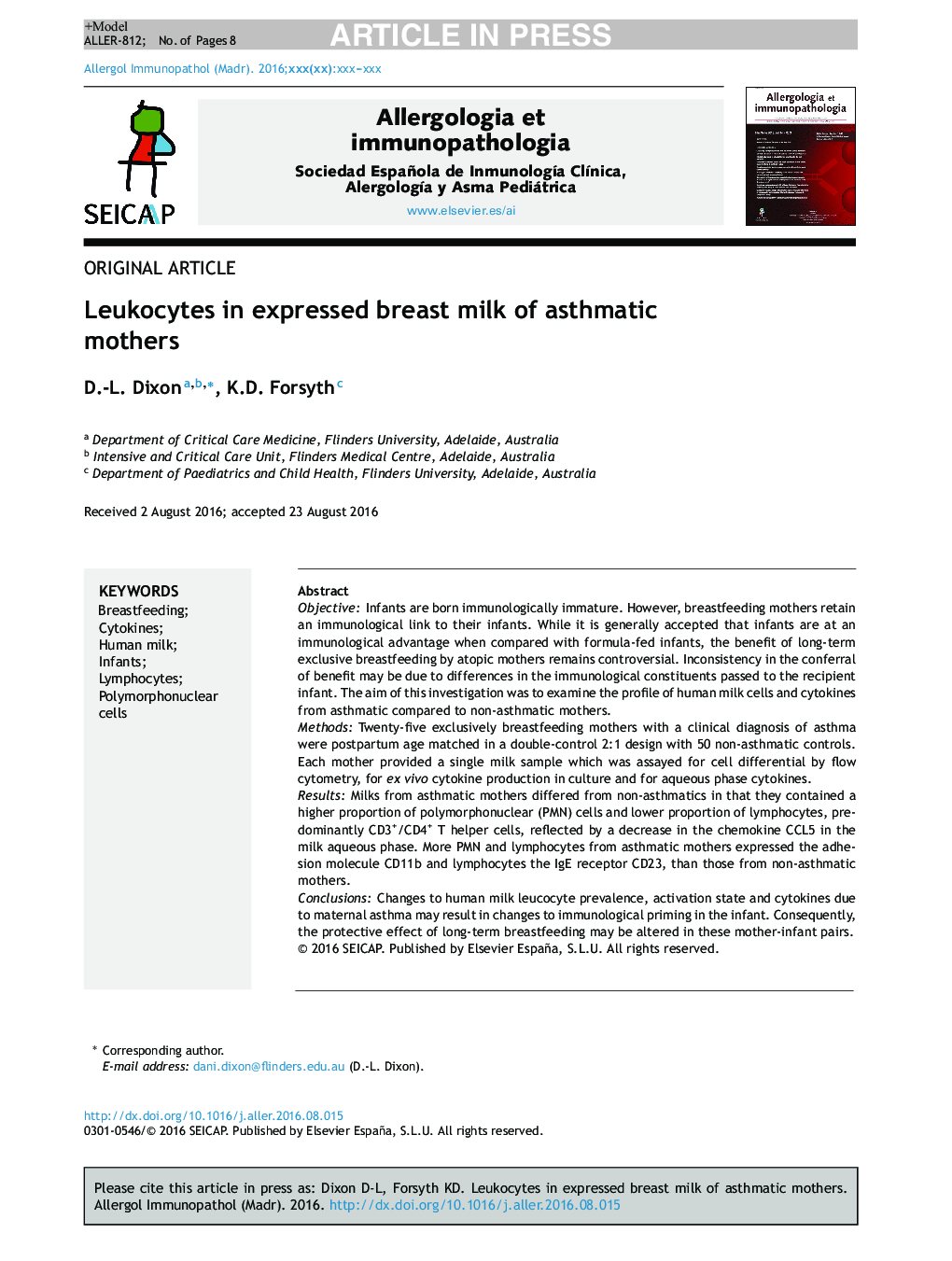 Leukocytes in expressed breast milk of asthmatic mothers