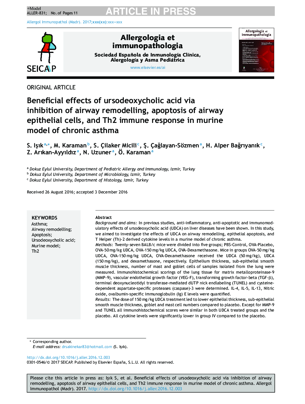 Beneficial effects of ursodeoxycholic acid via inhibition of airway remodelling, apoptosis of airway epithelial cells, and Th2 immune response in murine model of chronic asthma