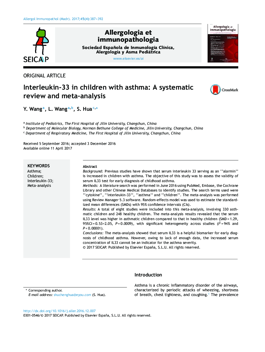 Interleukin-33 in children with asthma: A systematic review and meta-analysis